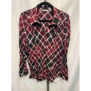 Soft Surroundings Plaid Button Down Shirt Burgundy Black White Women's XL